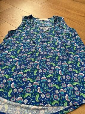 LOFT Royal Blue Floral Top with Green and Pink Accents